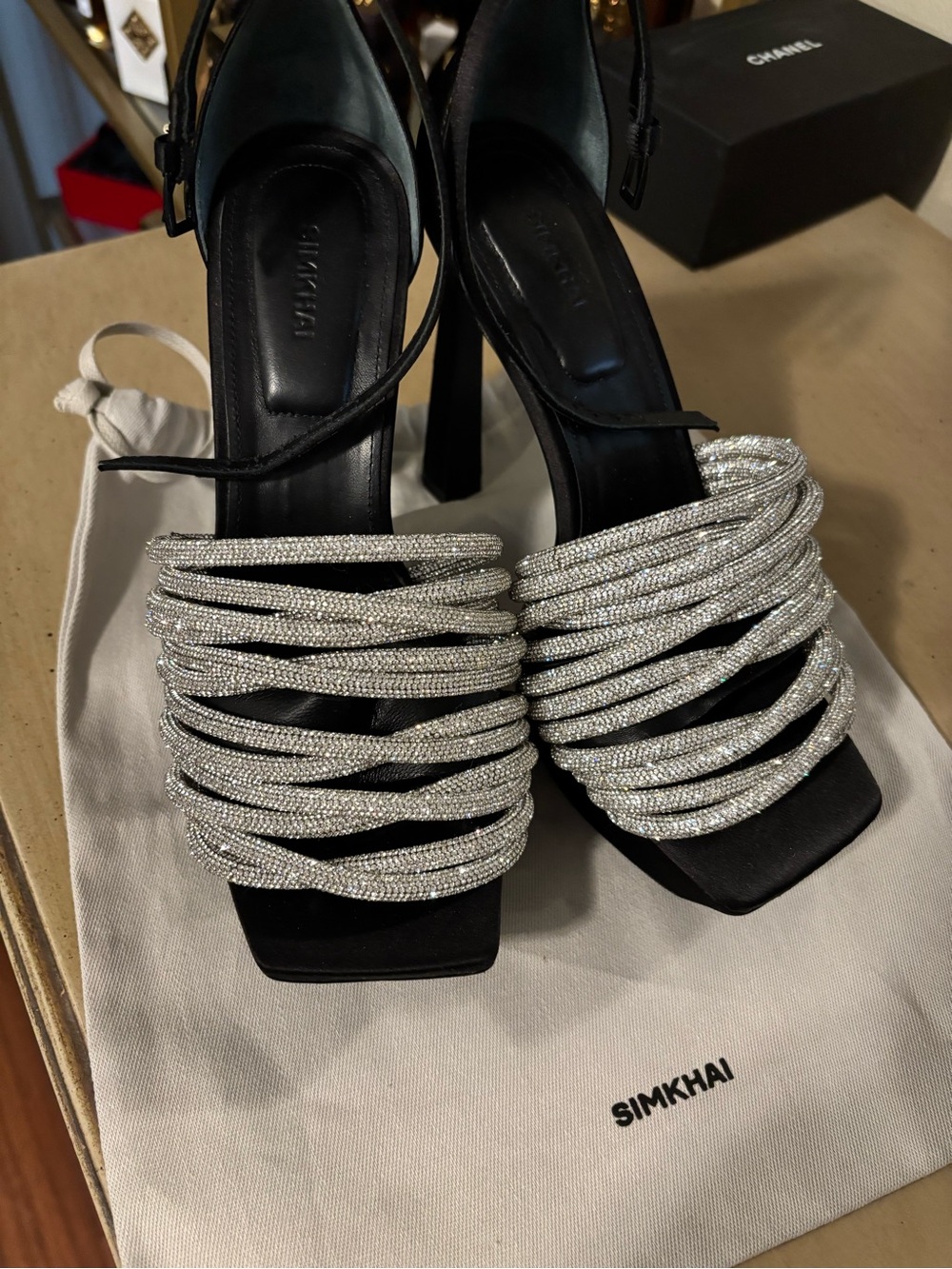 Simkhai Black Heeled Sandals with Silver Crystal Straps